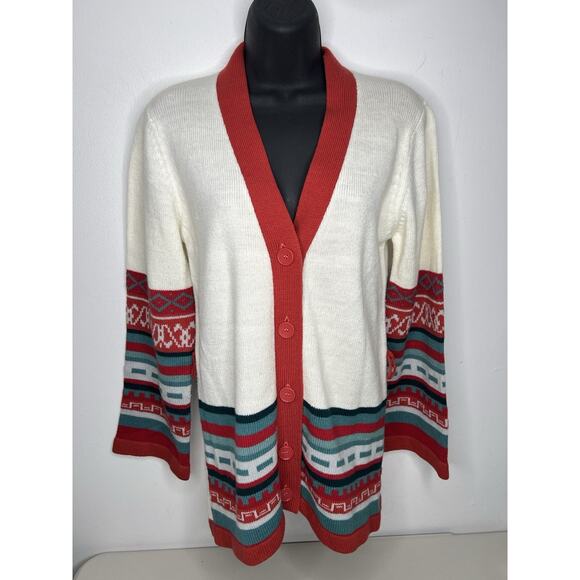 Vintage 1970 Kmart Geometric Cardigan White Red Sweater Women’s Medium - Picture 1 of 8
